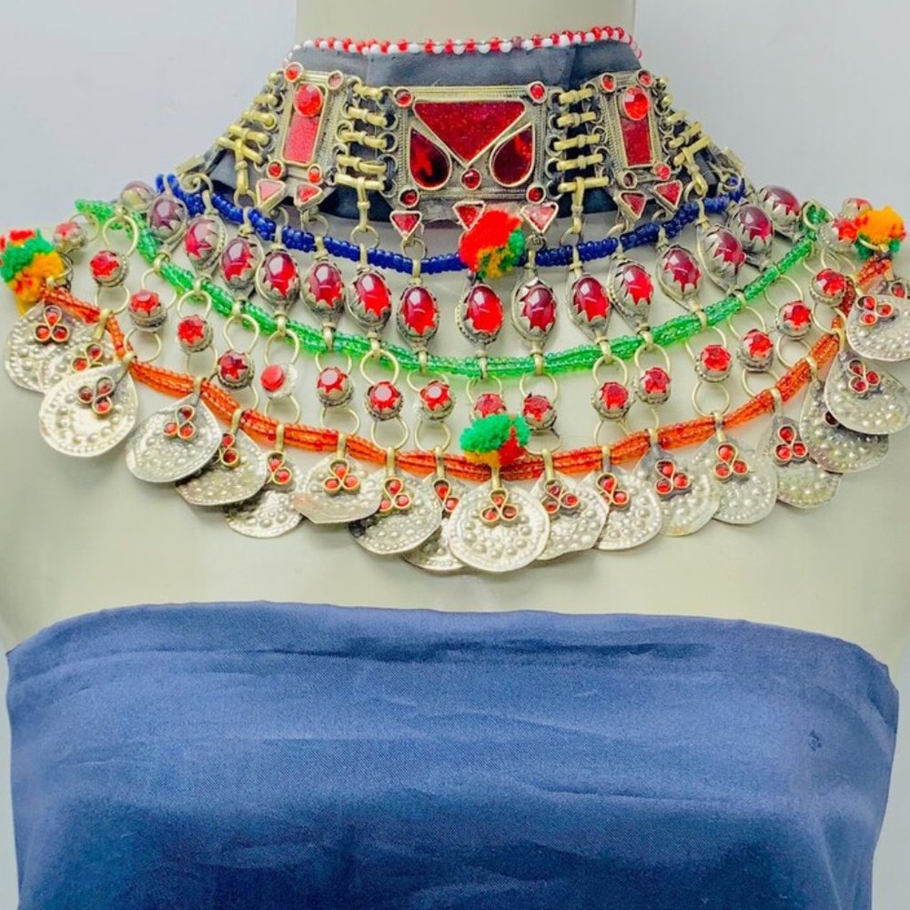 Multicolor Kuchi Choker: Afghan Tribal Necklace with Silver Coins & Glass Stones